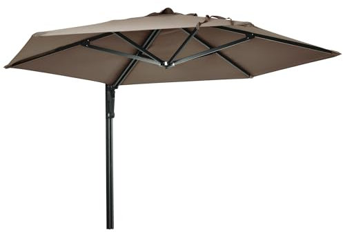 Outsunny 2.5m Wall Mounted Parasol, Hand to Push Outdoor Patio Umbrella with 180 Degree Rotatable Canopy for Porch, Deck, Garden, 250 cm, Khaki
