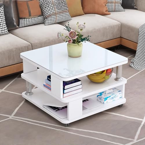 GHBXJX Klein Couchtisch mit Stauraum und Rollen, Sofa Beistelltisch Holztisch Wohnzimmer Tisch, Coffee Table Couchtische mit Glasplatte, einfacher Aufbau, moderner Stil, 50x50x55 cm,B