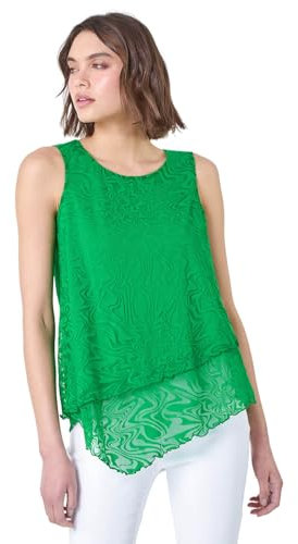 Roman Originals Women Burnout Spot Print Asymmetric Top - Ladies Stretch Jersey Round Neck 3/4 Length Sleeves Lettuce Hem Daywear Tops - Green - Size 10