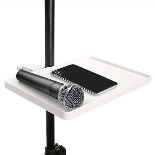 Utility Microphone Tray Holder, White Clip-On Accessories Clamp Pole Mount Shelf for Music Table, Tripod, Live Streaming Room, Karaoke, Recording, Instrument Sound Card Brackets (8.7'' x 6.5'')