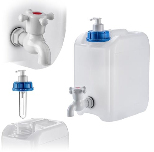 KADAX Bidon d'eau avec robinet de vidange, réservoir d'eau avec bec d'eau, bidon avec robinet intégré et distributeur de savon, réservoir de camping (5 litres)