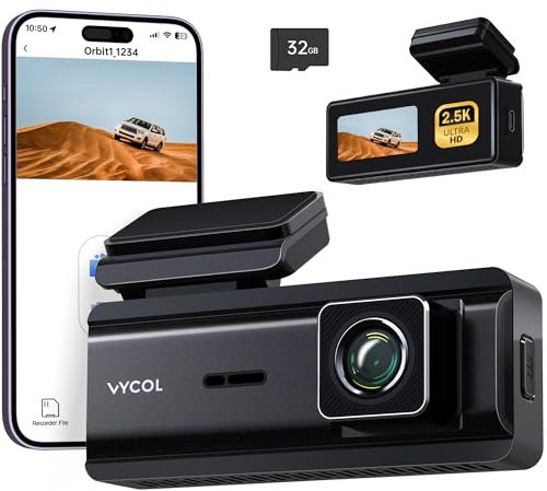 Vycol Dash Cam Front, 2.5K car camera dash cam with Parking Monitor, car dash cam with 32GB Card, Night Vision, 150º Wide Angle, App Controlled, Loop Recording, Voice Control, G Sensor