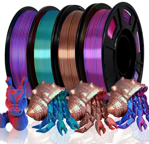 Eono Two Tone Zweifarbiges PLA Filament 1.75mm, 4x250g Spulen Mehrfarbiges PLA für 3D Drucker, Matt Rot+Blau, Silk Silber-Kupfer, Silk Rosa-Blau1, Silk Blau-Grün