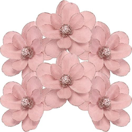 Sea Team Confezione da 6 ornamenti floreali artificiali di Natale, magnolia in tessuto floccato con glitter, decorazioni floreali per albero di Natale, ghirlanda, ghirlanda, 25,4 cm, rosa