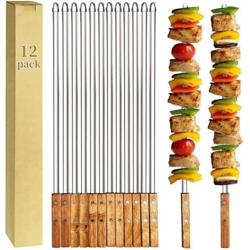 12 Pack Kebab Skewers BBQ Barbecue Skewers Stainless Steel Flat Sticks 22 Inch Heavy Duty Large Wide Reusable with Nonslip Wooden Handle Ideal for Shish Kabob Chicken Shrimp and Vegetables