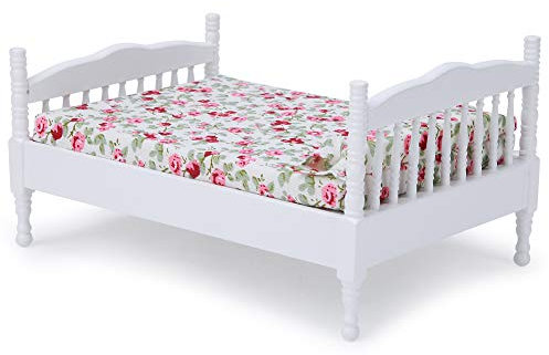 1:12 Mini Puppenhaus Bett Holz Puppenhaus Bett Kleines Blumenmuster Puppenhaus Zubehör Schlafzimmer Miniatur Puppenbett Modell Wichtel Bett Puppenwiege Babywiege Möbel Geschenke