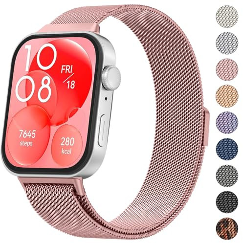 Vancle Compatible con Correa Huawei Watch Fit 3 para Hombre Mujer, Metal Correas, Pulseras de Repuesto de Acero Inoxidable, Pulsera Ajustable con Imán para HUAWEI Watch FIT 3, Rosa
