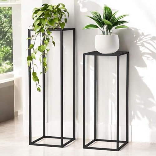 DanDiBo Pflanzenständer 96587 Metall 100 cm und 80 cm Schwarz Eckig 2er Set Beistelltisch Hoch Blumenhocker Blumenständer Modern Design