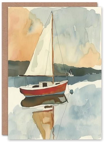 Artery8 Greeting Card Red Sailboat in Tranquil Sea Harbour Watercolour Blank For Him Or Her Art Birthday Card