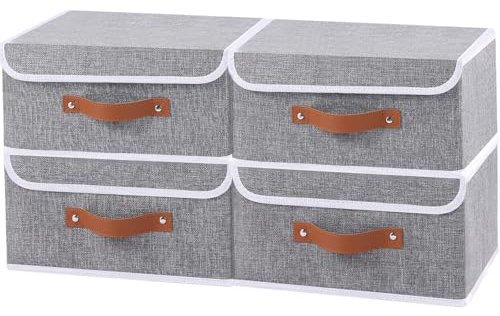 OUTBROS 4-Teilige Aufbewahrungsbox, Korb Aufbewahrung, Kisten Organizer Mit Deckel, Stoff Aufbewahrungswürfel mit Griff, Lagerraum für Kleidung im Schlafzimmer, 32 x 32 x 16cm, Grau