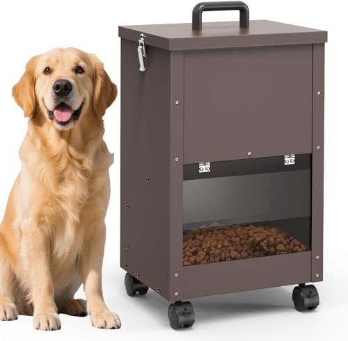 Galvanisierter Automatischer HundefüTterer GroßEr Rasse 45lbs Hundefutter-Spender Mit RäDern FüR GroßE Hunde Metall Hundefutter Gravity Feeder Extra GroßE SelbstfüTterung (Braun)