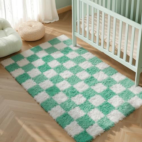 HUGEAR Kariert Flauschig Teppich Wohnzimmer 120x180 Teppiche Grün Weiß Shaggy rutschfest Kinderzimmer Mädchen Junge Carpet Schlafzimmer Hochflor Weich Groß Carpets