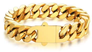 Bandmax 21CM Armband Herren Edelstahl Panzerkette Gold 12MM breit Kubanische Kette Jungs Modeschmuck Accessoire