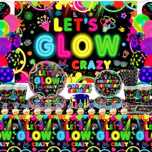 160 Pack Glow Party Supplies Glow Parties Tableware Set Neon Birthday Decorations Including Plates Backdrop Balloons Napkins Tablecloths Neon in Dark Theme Party Supplies Serves 20