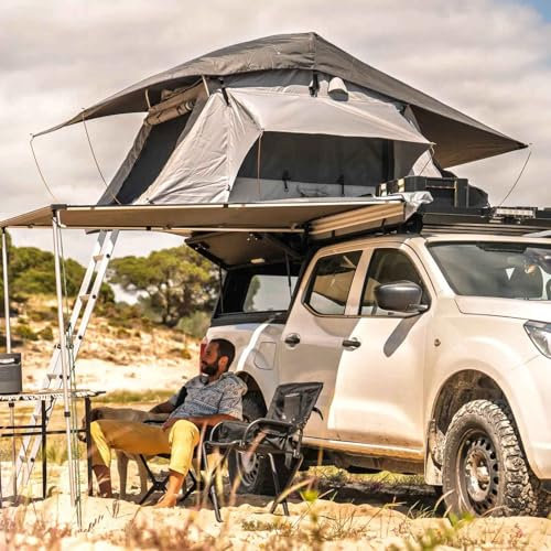 Prime Tech | Autodachzelt Wasteland Pro L | Softshell Dachzelt 240x140 cm | Hell-grau/Oliv-grün | Inkl. 3D-Mesh-Unterlage & Ripstop-Stoff | Skyview | Leichtgewicht 50 kg | Schneller Aufbau