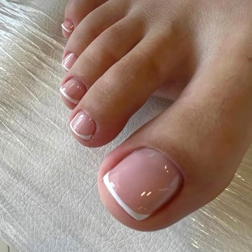 False Toenails Short - French Tip Toe Nails - Nude Square False Toenails - 12 Sizes Short Fake Toe Nails Tip - Acrylic Full Cover Fake Toenails Nail Art Set for Women Girls