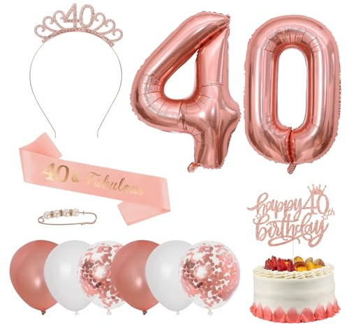 Iridsmole Rose Gold 40th Birthday Decorations Set, Tiara, Sash, Cake Topper, Balloons
