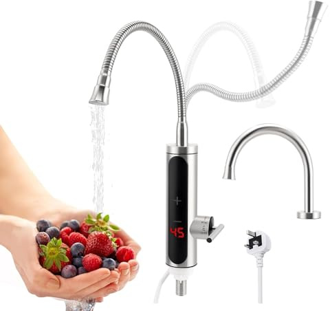 Instant Hot Water Faucet with Universal Joint Pipe & Metal Pipe, 220V 3000W Electric Hot Water Tap for Kitchen Bathroom with LED Digital Display (30-55℃), 3S Fast Heating, 360° Rotatable Spout