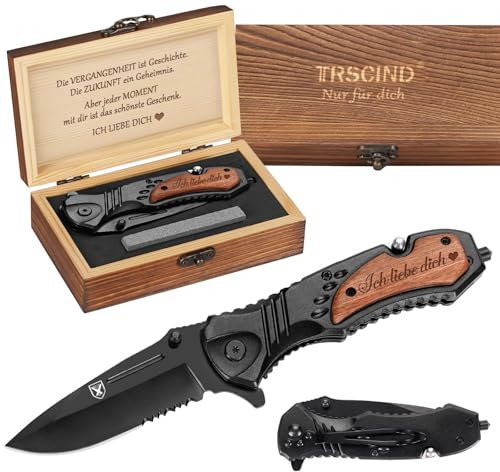 Jahrestag Geschenk für Ihn, Multitool Messer Weihnachtsgeschenke für Männer | Ich liebe dich, Weihnachten Geburtstagsgeschenk für Freund Partner, Multifunktionsmesser mit Holzbox, Outdoor Camping