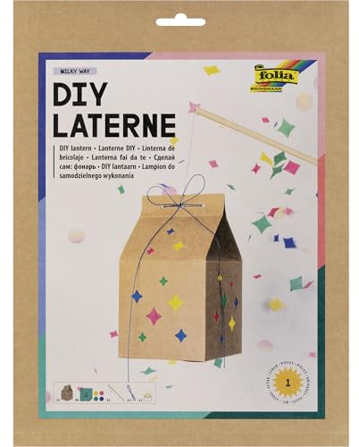 folia 95301 - DIY Laterne MILKY WAY, ca. 11 x 19,5 x 11 cm - Laternen Bastelset gestaltbar als Milchtüte mit Sternen, inkl. LED Licht, 2 Batterien und Klebepad