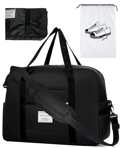 Handgepäck Tasche 48x36x20,Faltbare Reisetasche für Flugzeug,Klein Sporttasche Weekender Koffer für Herren und Damen, Schuhbeutel mit Zugband (Schwarz, 48x36x20cm)