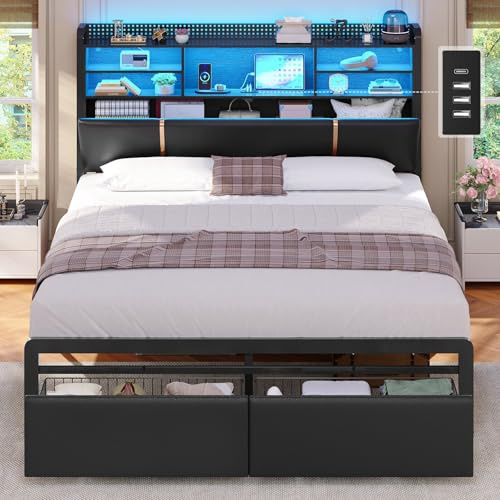 Bett 160x200 cm, Polsterbett mit LED-Beleuchtung, Metallbett Bettgestell, Bettrahmen mit 2 Schubladen, Regalkopfteil mit Stauraum, Steckdose, Doppelbett mit Lattenrost, für Schlafzimmer, PU Schwarz
