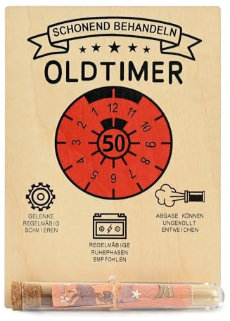 MINISONA Lustiges Geldgeschenk im Reagenzglas，Geburtstag Mann Karte,SCHONEND BEHANDELN OLDTIMER,50. Geburtstag Geldgeschenke Für Männer und Frauen (50)