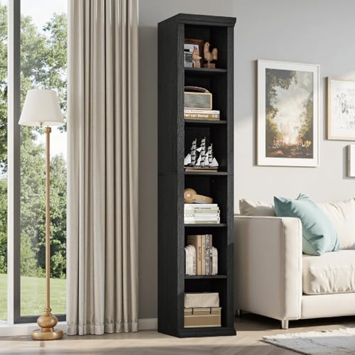 EOSVALO Schmales Bücherregal Schwarz, 182,5 cm, 6-stöckig, Holz | Bücherschrank, Offenes Aufbewahrungsregal, Für Wohnzimmer, Homeoffice, Esszimmer, Büro