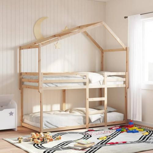 Ziaphsol Etagenbett ohne Matratze 90x190 cm Massivholz Kiefer, stabiles Bettgestell mit Dach, sicheres Hochbett für Kinderzimmer, Naturholz