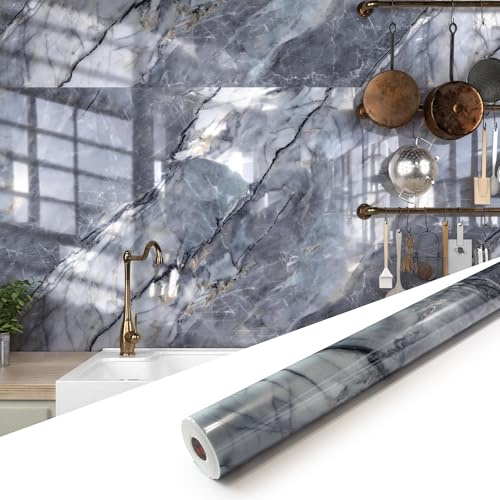 sunwings Marble Peel and Stick Waterproof Wall Paneling Roll, 120cm x 300cm Pietra Grey Glossy Finish Self-Adhesive Backsplash Tile Vinyl Wall Panel for Kitchen Bathroom Wall Decor