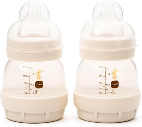 MAM Easy Start Anti-Colic Baby Bottles | 2 Pack (2 x 130ml) | Self-Sterlising Baby Milk Bottle | Slow Flow MAM Teat Size 1 | Newborn Essentials | Unisex | (Various Designs)