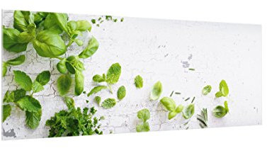 Bilderwelten Design Spritzschutz Glas - Kräuter auf Holz Shabby | Nischenrückwand | Küchenspiegel | HxB: 40cm x 100cm