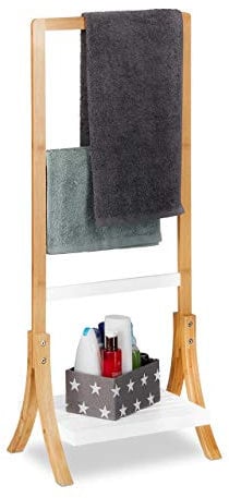Relaxdays Handtuchhalter Bambus, mit Ablage & 3 Handtuchstangen, freistehender Handtuchständer, 103x41x28cm, Natur/weiß