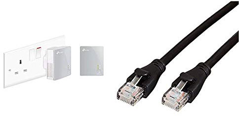 TP-Link TL-PA4010KIT Nano Powerline Adapter Starter Kit, No Configuration Required, UK Plug & Amazon Basics RJ45 CAT6 Ethernet LAN Patch Cable (0.9 m / 3 Feet) [1,000 Mbps (1 Gbps)]