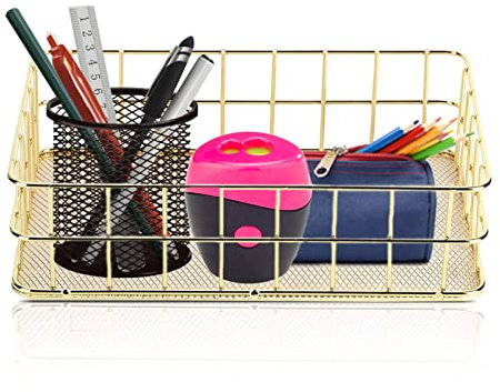Metall Aufbewahrungskorb Grid Drahtkorb, Make Up Organizer Aufbewahrung Gold Deko Tablett, Aufbewahrung Schminke Schminktisch Zubehör (L)