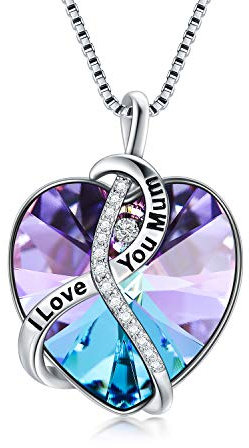 Collana con ciondolo a forma di cuore in argento Sterling con scritta I Love You Mum, argento Sterling, cristalli, Cristallo