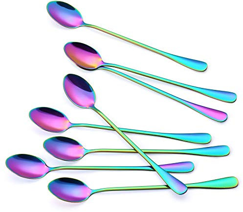Marco Almond Rainbow Titanium Long Handle Spoons, Colorful Plated Latte Spoon, Stainless Steel Ice Cream Spoon, Iced Tea Spoon,Cocktail Stirring,Tea, Coffee, Milkshake Dessert Spoons, Pack of 8