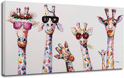 Graffiti Art Coloré Animal Peinture Sur Toile Curieux Girafes Famille Pop Art Affiche Imprime Tableau Chambre Enfant Decoratifs Muraux Salon Décor (Avec Cadre, 40x70cm)