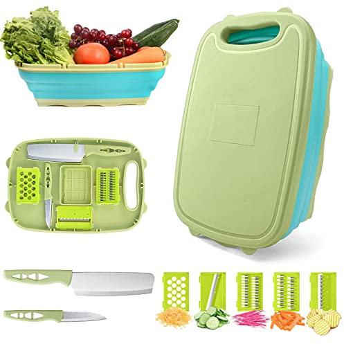 HI NINGER Tagliere Pieghevole con scolapasta, 9 in 1 Multi Tagliere da Campeggio per Verdure, scolapasta in Silicone per Campeggio, Picnic