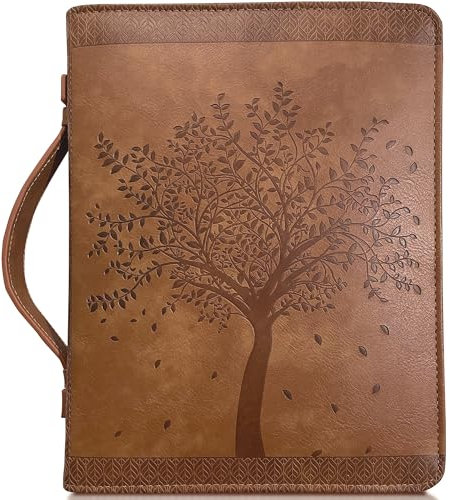 Angel Treasures Bibelhülle mit graviertem Baum des Lebens, echtes Kunstleder, Buchschutztasche mit Griff, Reißverschluss und Stiftfächern