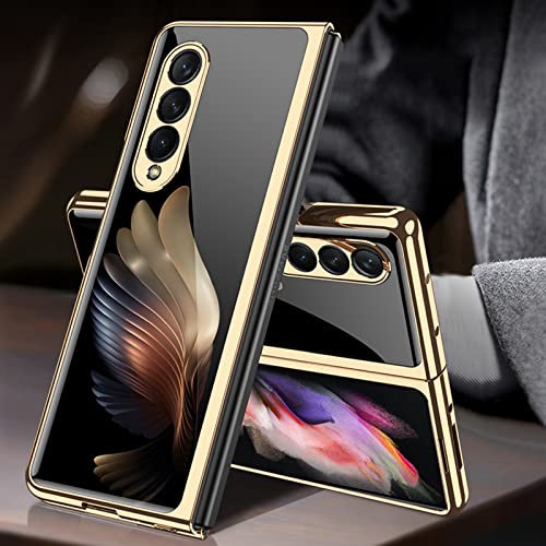 COQUE Custodia Cover Galaxy Z Fold 3, Guscio Lucido Verniciato in Vetro Temperato 9H, Cover Pieghevole per Telefono per Samsung Galaxy Z Fold 3 5G-Ali d'oro