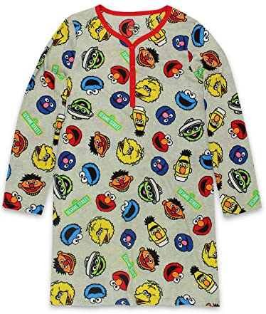 Sesame Street Elmo Women's Long Sleeve Henley Dorm Nightgown Sleep Dress Pajamas (Large, Gray)