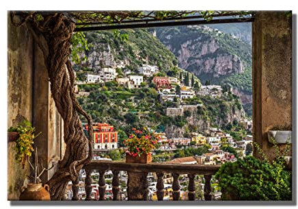 Leinwandbild Window View Positano | Fensterblick | 80 x 120 cm Querformat | Bild auf Leinwand | Berühmtes Dorf in Italien Aussicht Fenster | Deko | modern elegant | Wohnzimmer Schlafzimmer XL Büro