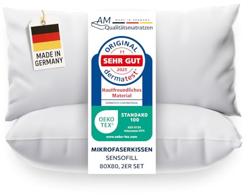 DormiGood Premium Mikrofaser Kissen 80x80 2er Set - Made in Germany - Allergiker Kopfkissen 80x80 2er Set mit Sensofill Füllung - Oeko TEX zertifiziertes Pillow mit Kissenbezug aus 100% Baumwolle