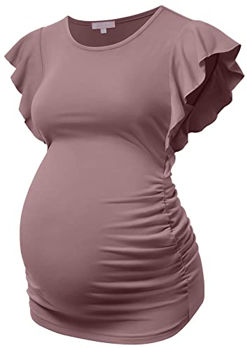 Bhome Maternity Tshirts Flying Shorts Sleeve Blouse Side Ruched Casual Pregnant Tunic Top Mauve L