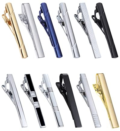 Tornito 12Pcs Tie Clips for Men Tie Tack Pins Silver Black Gold Blue Necktie Bar Regular Ties Suitable for Daily Wedding Meeting Business Anniversary Tie Clips