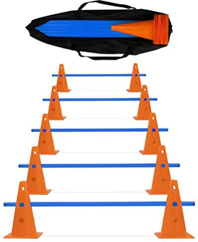 SPORTIKEL24 Cavaletti-Hürden 5er-Set – Orange/Gelb – mit Tragetasche – für Agility, Reha & Kindersport – höhenverstellbar & mobil