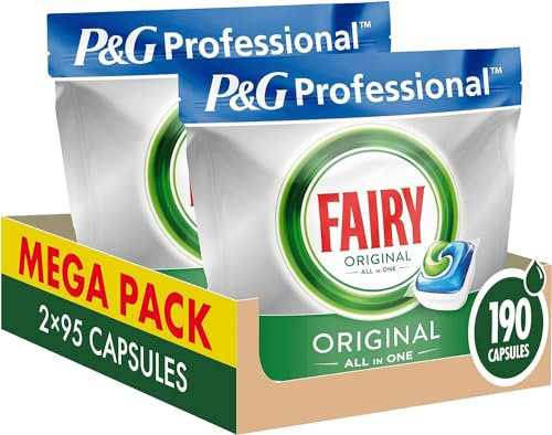 Fairy Tablettes professionnelles tout-en-un pour lave-vaisselle, 190 capsules (2 x 95), propreté et brillance brillantes, 2 fois plus rapide en programme de lavage court