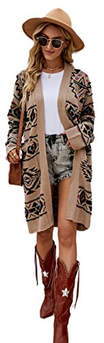 HEYPORK Damen Herbst Winter Warm Bequem Jacke Casual Mode übergangsjacke Mantel Frauen Herbst/Winter Bauchfreie und Dünne Lange Jacke Aus Rautenstrick(Khaki, M)