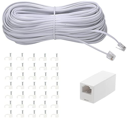 Ubramac 100Feet Long Telephone Extension Cord Phone Cable Line Wire, with Standard RJ11 Plug and 1 in-Line Couplers and 35Cable Clip Holders-White